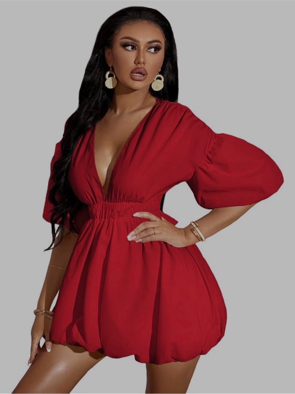 Plunge V-Neck Red Mini Dress with Puff Sleeves
